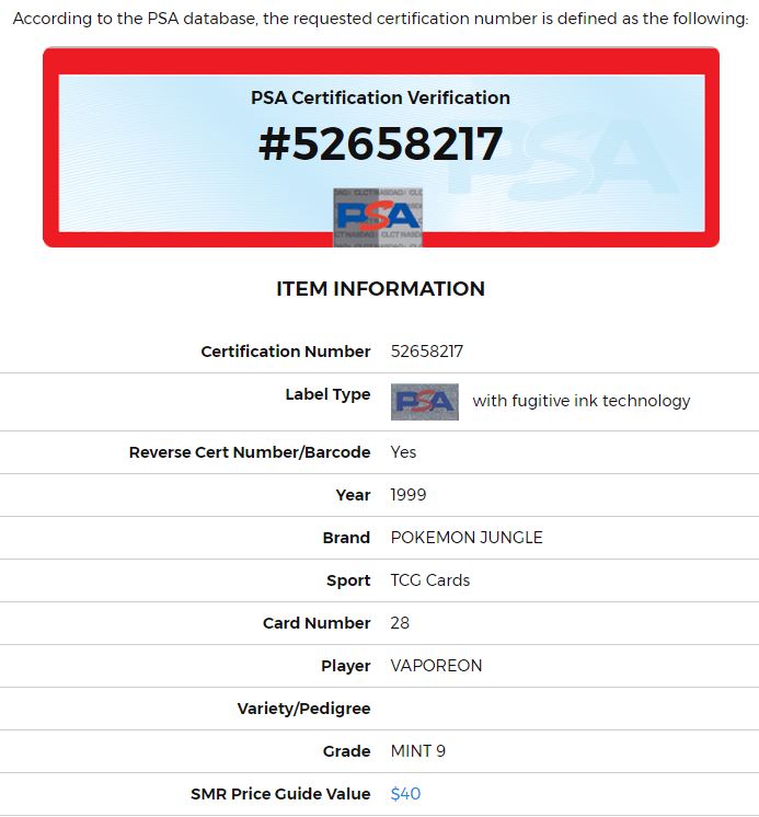 Pokemon 1999 Jungle Vaporeon 28/64 PSA 9 MINT (Graded Card)