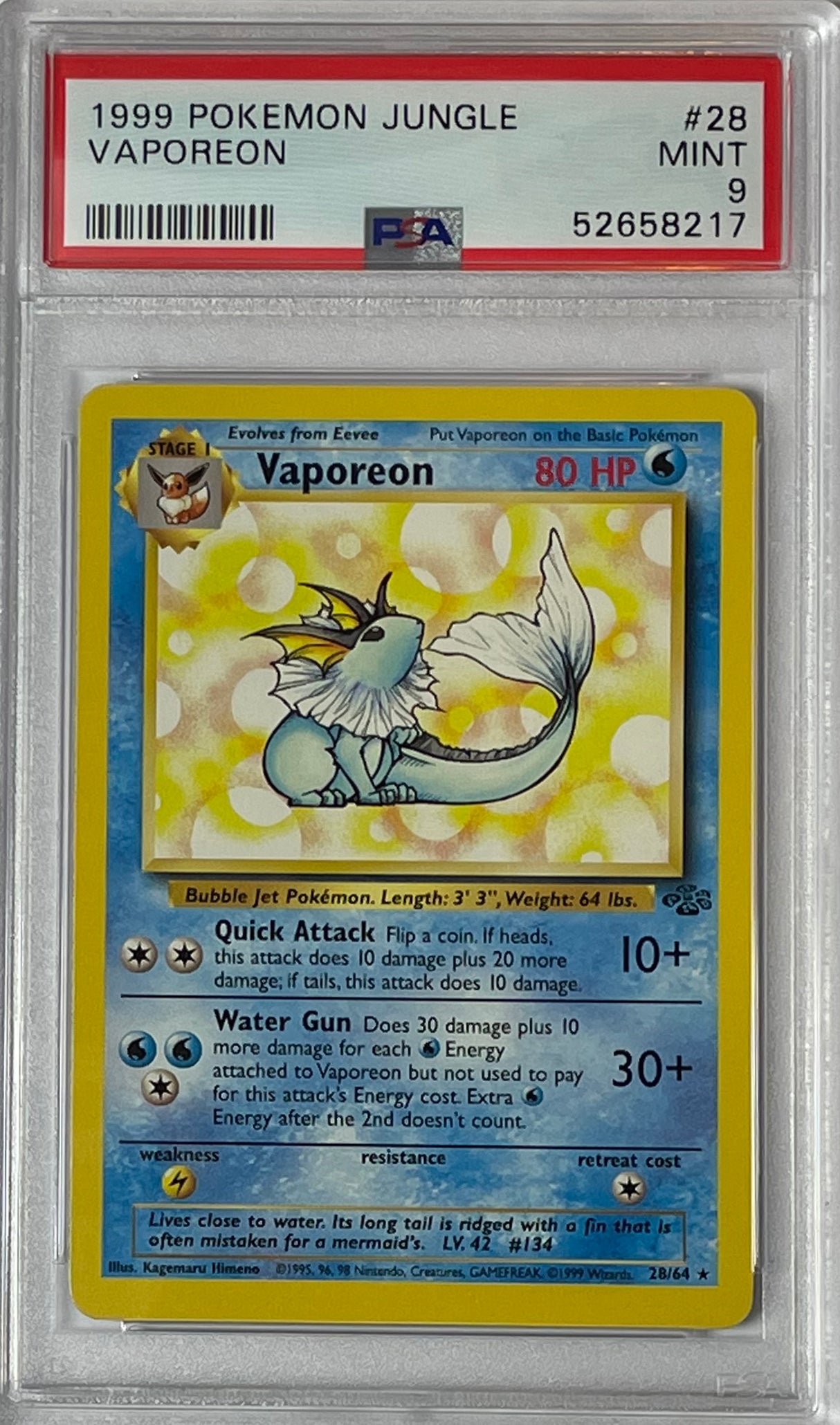 Pokemon 1999 Jungle Vaporeon 28/64 PSA 9 MINT (Graded Card)