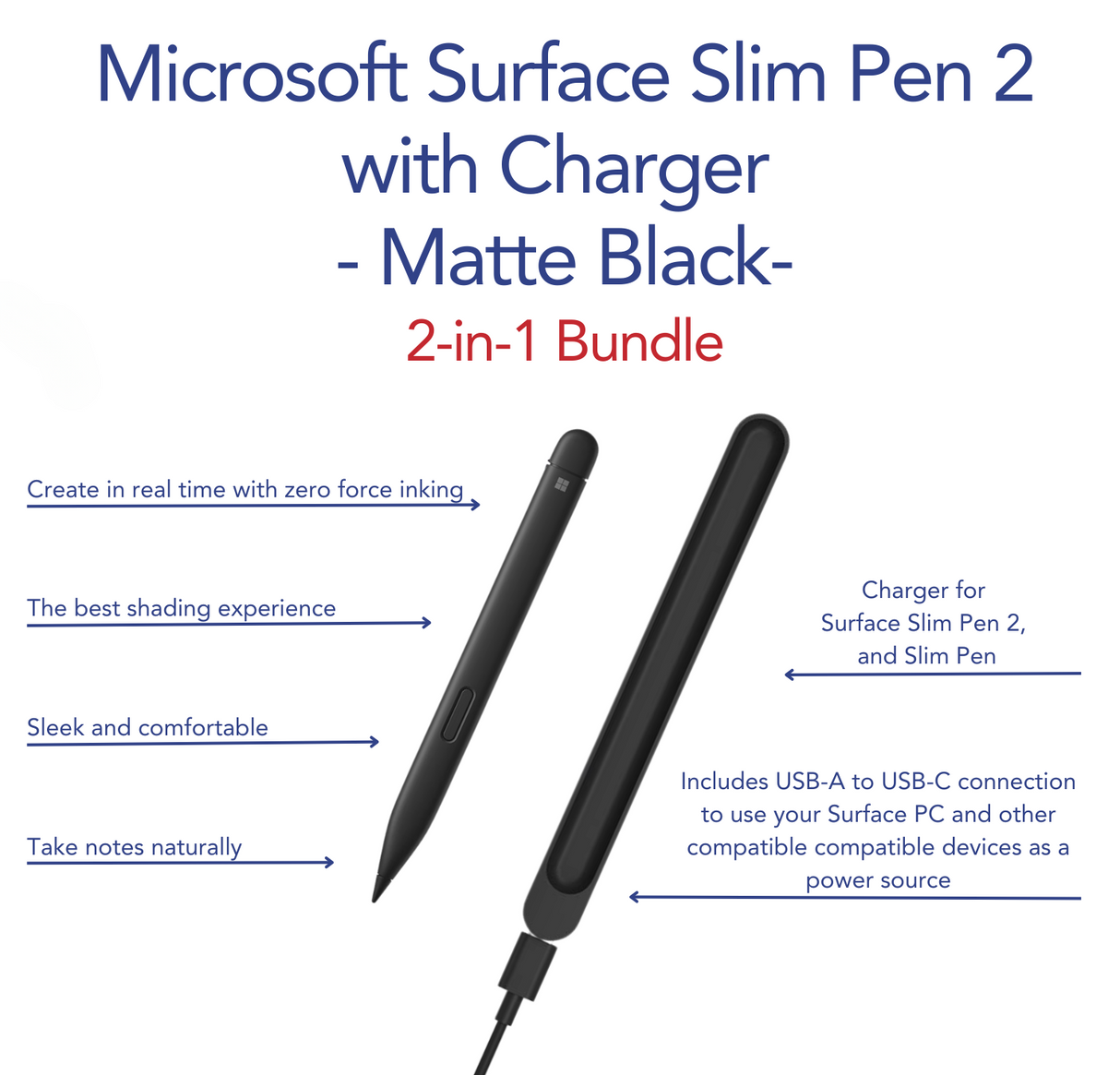 Microsoft Surface Slim Pen 2 with Charger (Matte Black) 2-in-1 Bundle