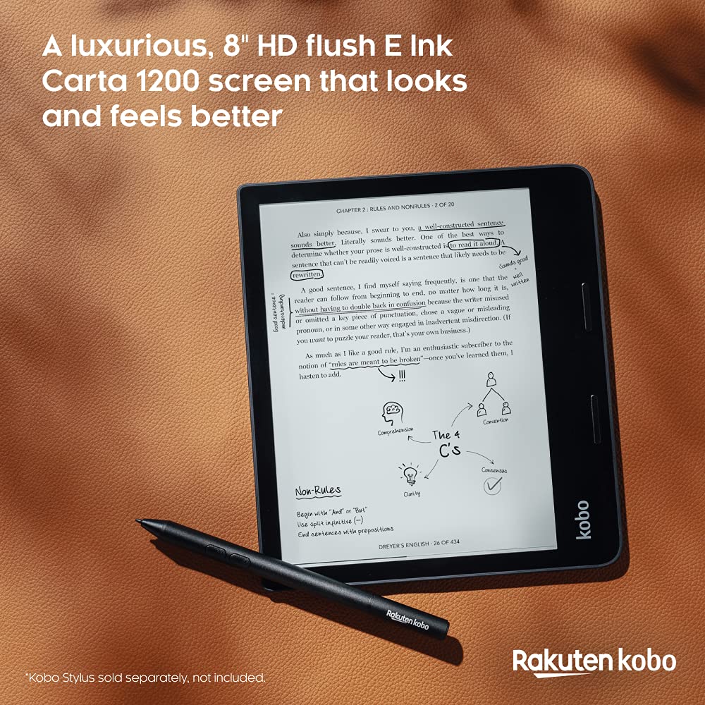 Kobo Sage | eReader | 8" HD Glare Free Touchscreen | Waterproof | Adjustable Brightness and Color Temperature | Blue Light Reduction | Bluetooth | WiFi | 32GB of Storage | Carta E Ink Technology Black