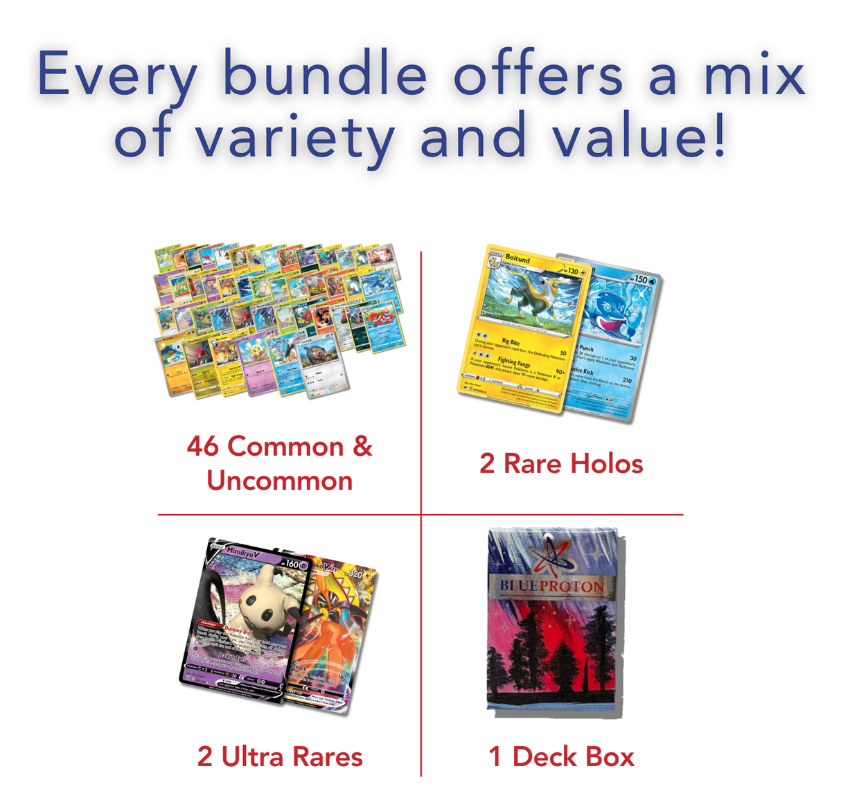 Exclusive Deluxe Bundle | 50 Genuine Cards | Includes 2 Guaranteed Ultra Rares: Legendary, VSTAR, VMAX, V, GX, or EX | Plus 2 Holos or Rares | BlueProton Deck Box compatible with trading cards