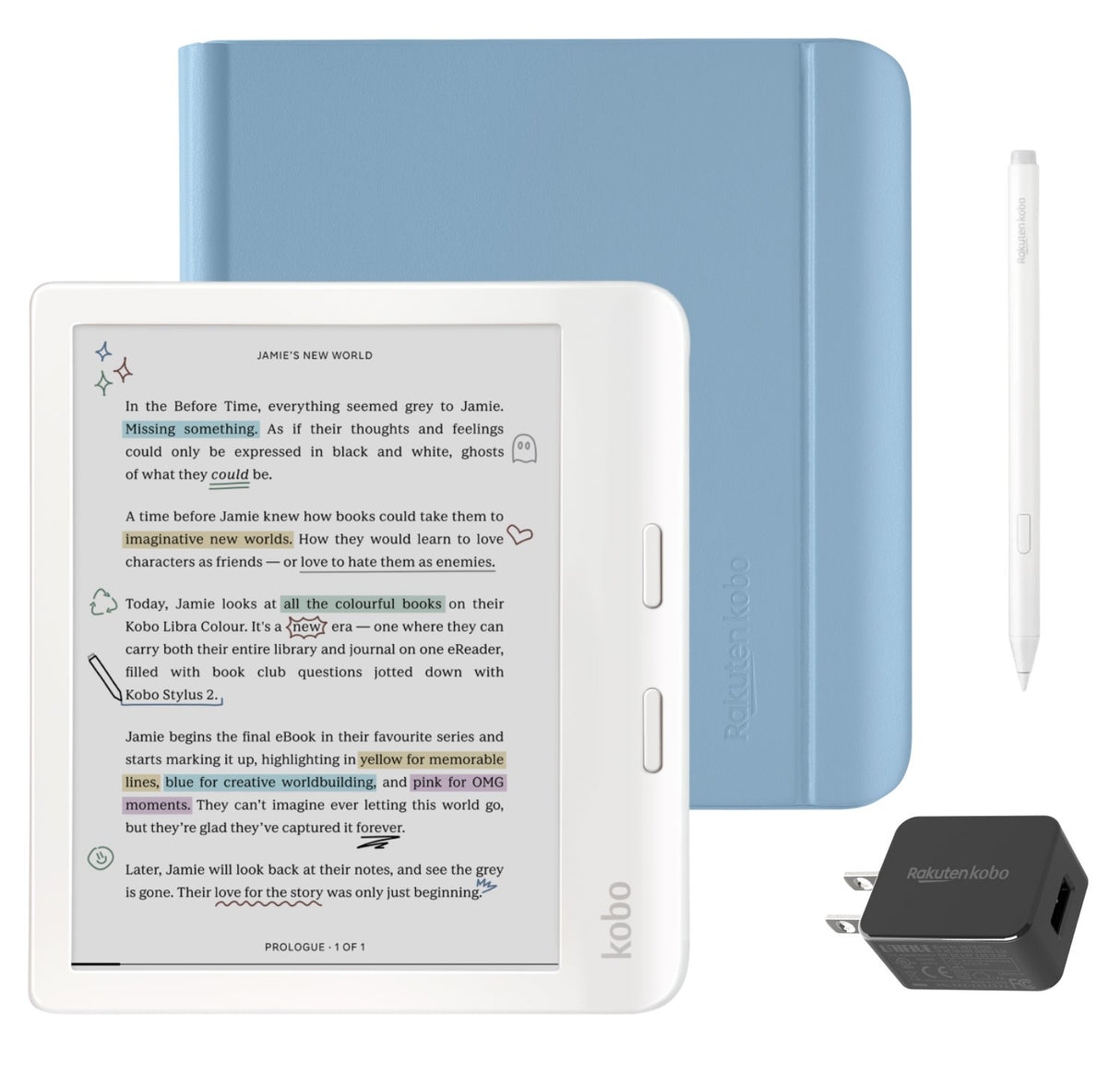 Kobo Libra Colour (White) eReader with Dusk Blue Notebook SleepCover, White Stylus 2Gen & AC Bundle