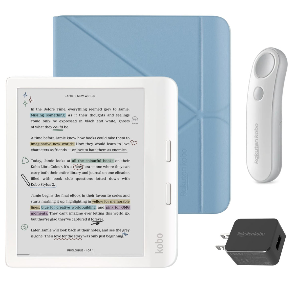 Kobo Libra Colour (White) eReader with SleepCover & White Remote Page Turner Bundle