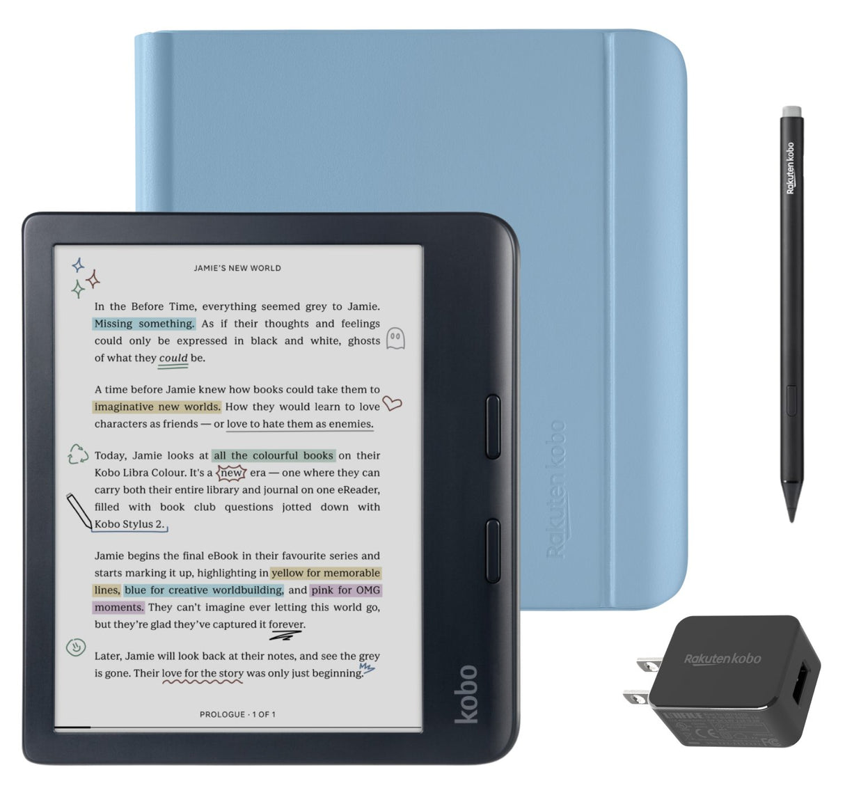 Kobo Libra Colour (Black) eReader with Dusk Blue Notebook SleepCover, Black Stylus 2Gen & AC Bundle