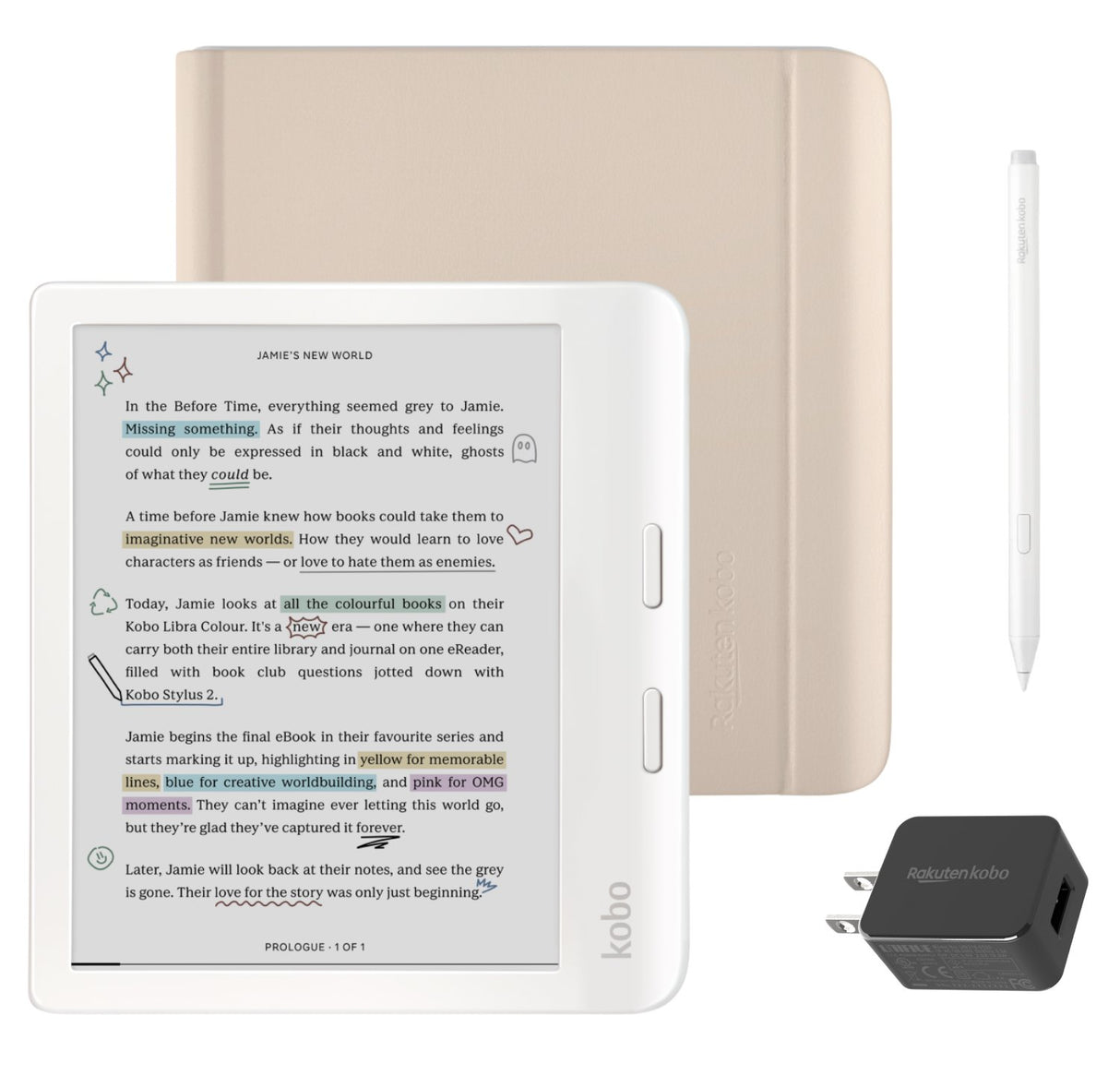 Kobo Libra Colour (White) eReader with Sand Beige Notebook SleepCover, White Stylus 2Gen & AC Bundle