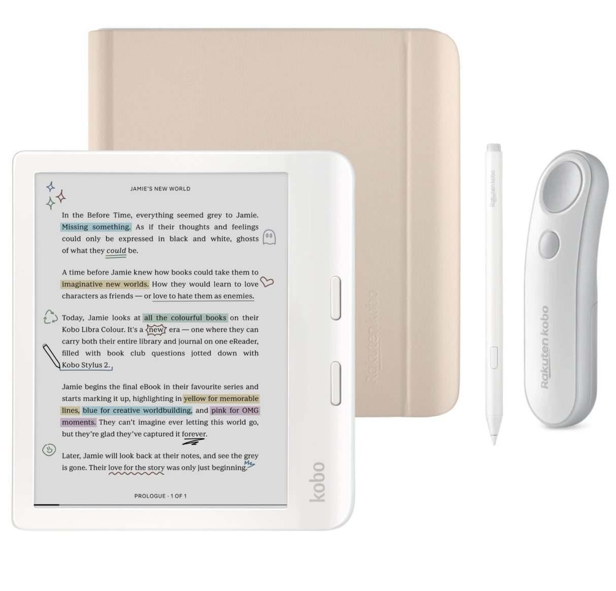 Kobo Libra Colour (White) eReader with Notebook SleepCover & White Remote Page Turner Bundle