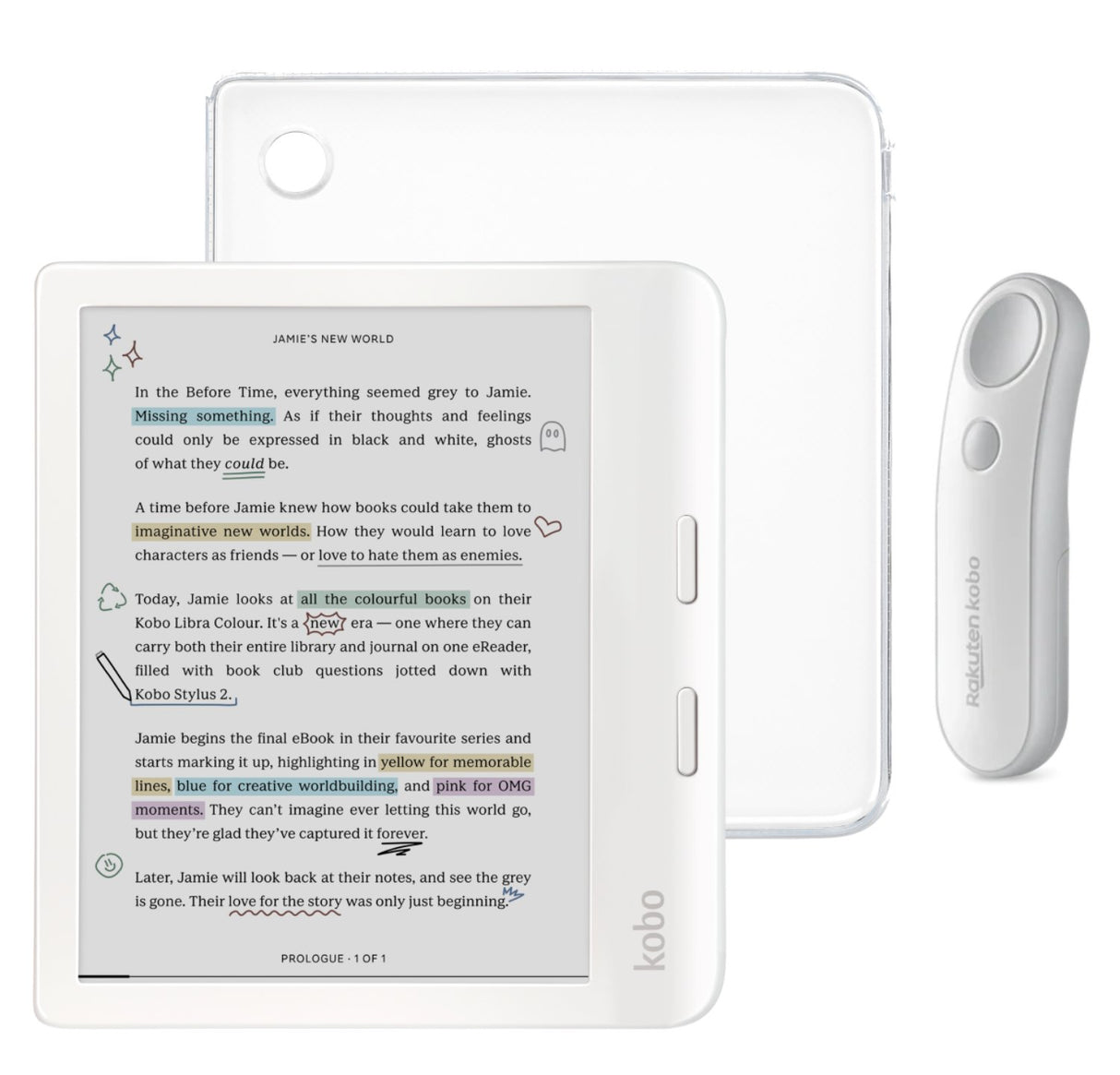 Kobo Libra Colour (White) eReader with SleepCover & White Remote Page Turner Bundle