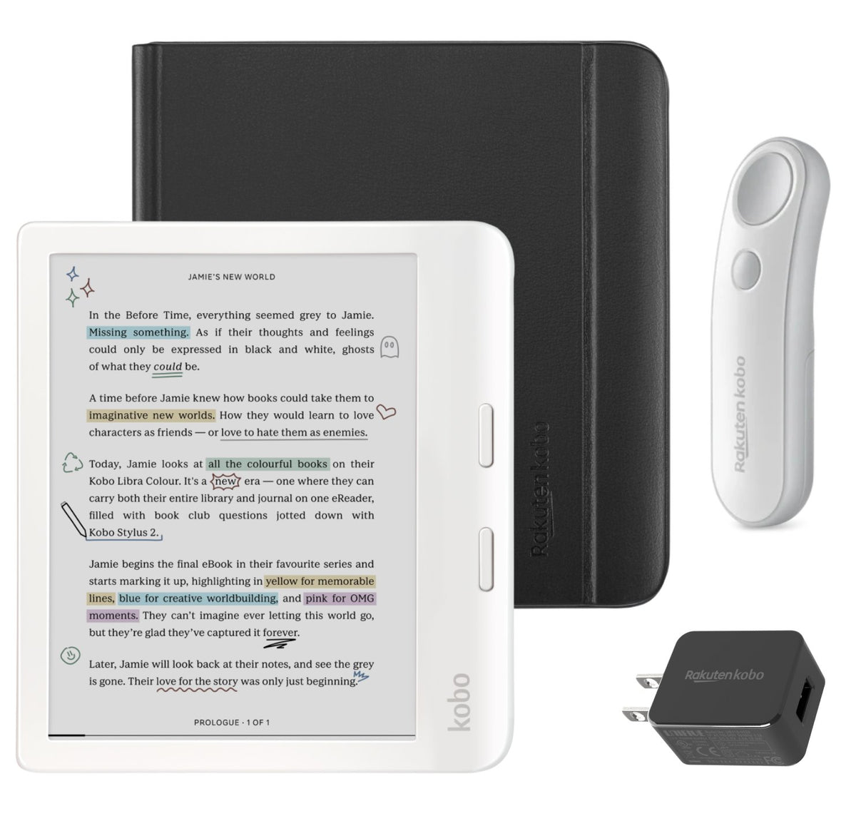 Kobo Libra Colour (White) eReader with Notebook SleepCover & White Remote Page Turner Bundle