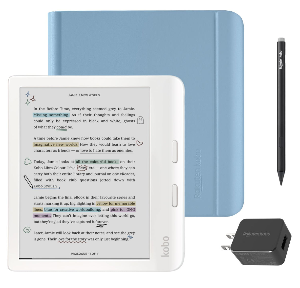 Kobo Libra Colour (White) eReader with Dusk Blue Notebook SleepCover, Black Stylus 2Gen & AC Bundle