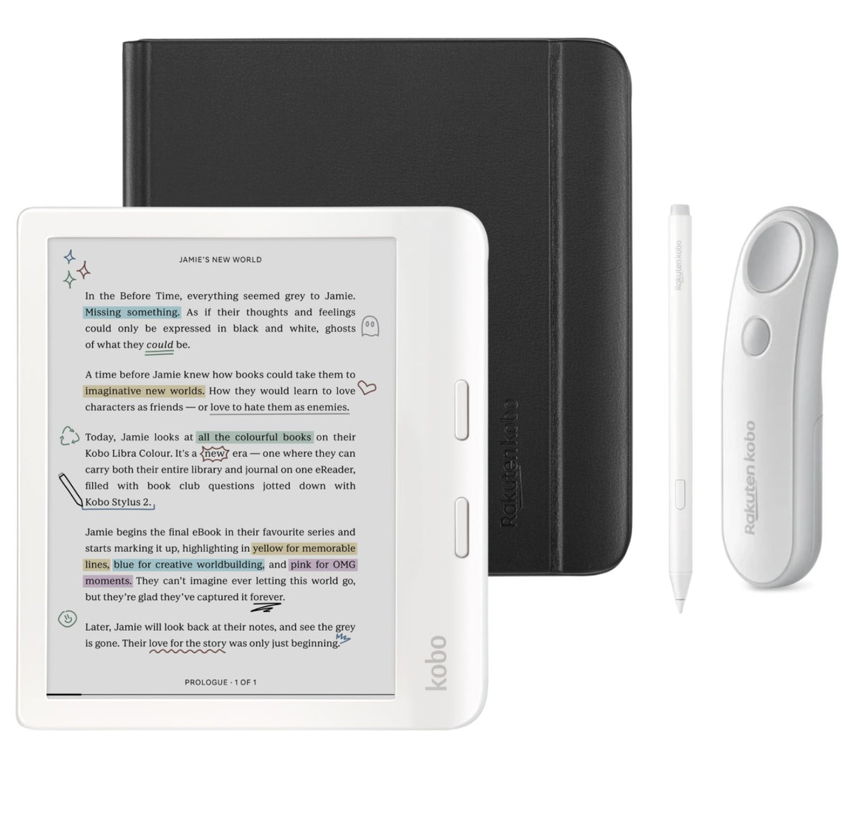 Kobo Libra Colour (White) eReader with Notebook SleepCover & White Remote Page Turner Bundle