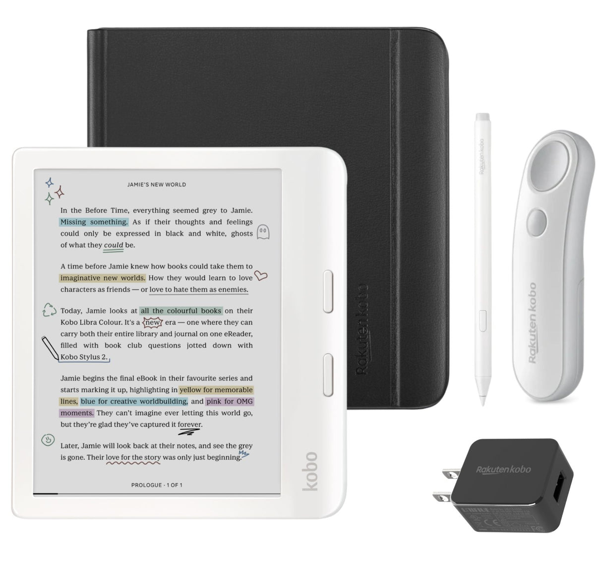 Kobo Libra Colour (White) eReader with Notebook SleepCover & White Remote Page Turner Bundle