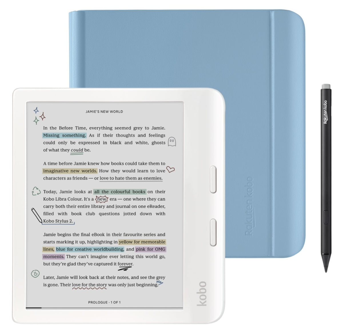 Kobo Libra Colour (White) eReader with Dusk Blue Notebook SleepCover & Black Stylus 2Gen Bundle