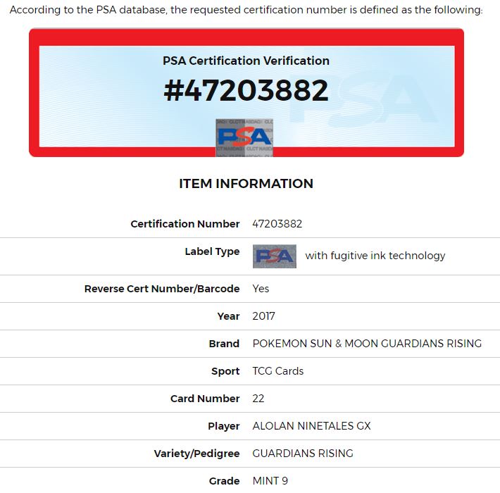 Pokemon 2017 Sun & Moon Guardians Rising Alolan Ninetales 22/145 PSA 9 MINT (Graded Card)