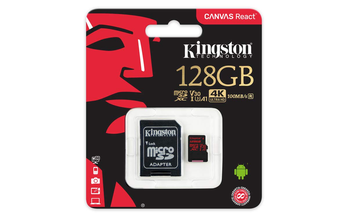 Kingston Canvas React 128GB microSDXC Class 10 microSD Memory Card UHS-I 100MB/s R Flash Memory High Speed microSD Card with Adapter (SDCR/128GB)