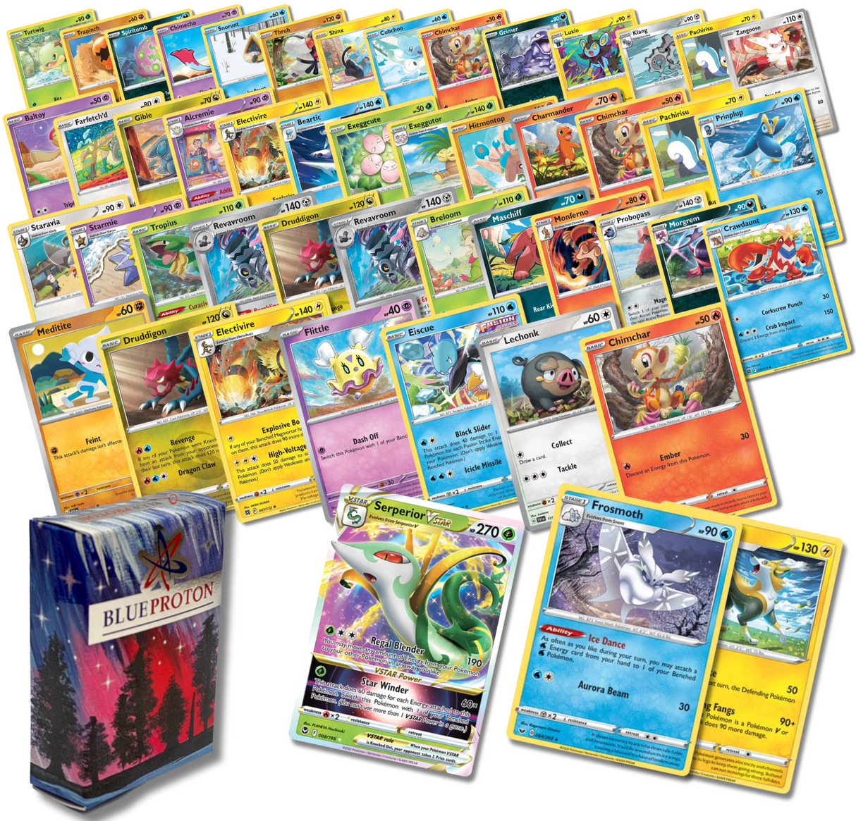 Exclusive Premium Bundle | 50 Genuine Cards | Includes 1 Guaranteed Ultra Rare: Legendary, VSTAR, VMAX, V, GX, or EX | Plus 2 Holos or Rares | BlueProton Deck Box compatible with trading cards