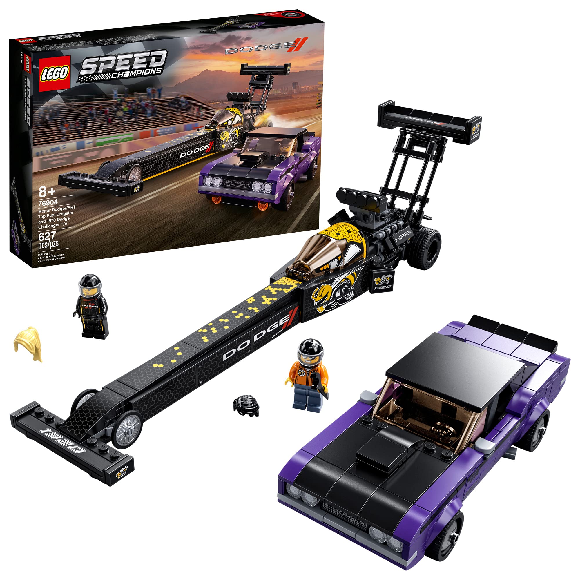 LEGO Speed Champions Mopar Dodge//SRT Top Fuel Dragster and 1970 Dodge Challenger T/A 76904 Building Toy; New 2021 (627 Pieces) (Open Box, Like New)