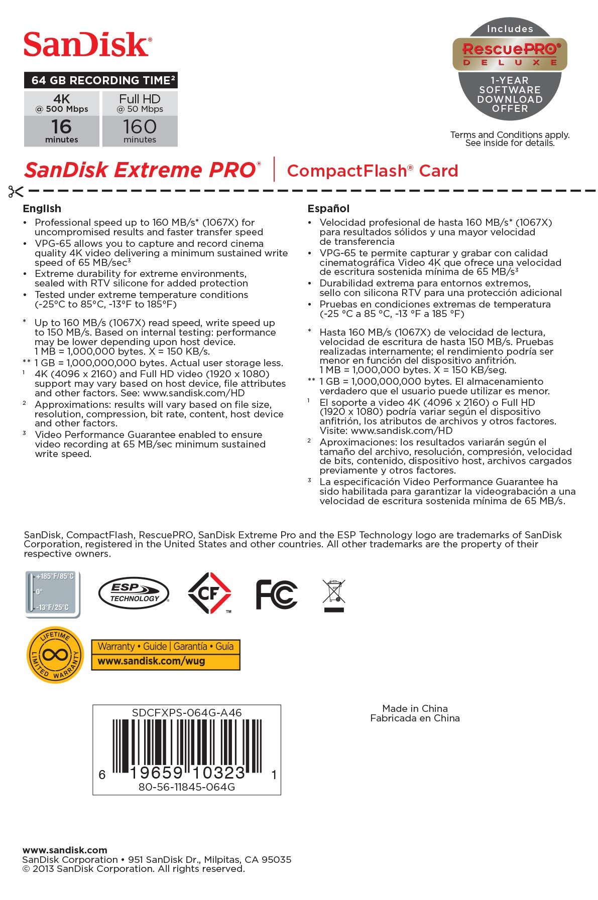 SanDisk Extreme PRO 64GB Compact Flash Memory Card UDMA 7 Speed Up To 160MB/s - SDCFXPS-064G-X46