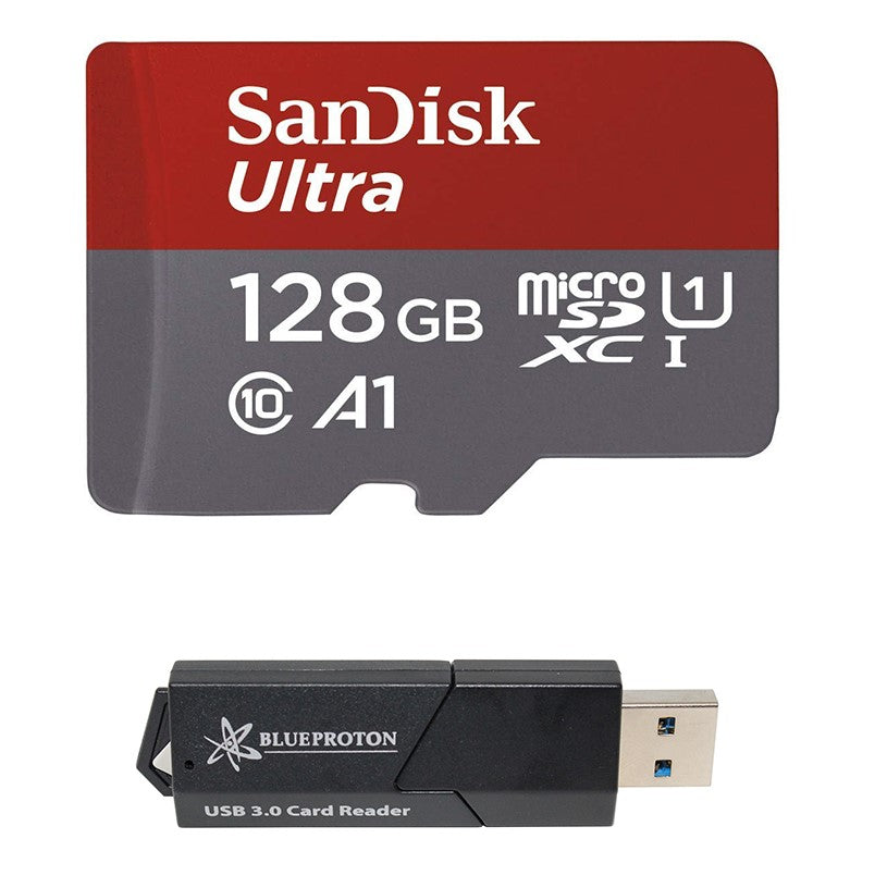 SanDisk 128GB Ultra MicroSDXC Card UHS-I A1 Class 10 & BlueProton USB 3.0 MicroSDXC Card Reader