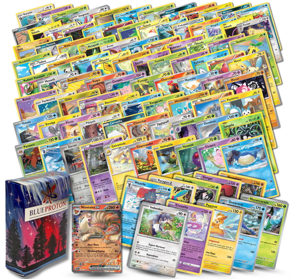 Exclusive Ultimate Bundle | 100 Genuine Cards | Includes 1 Guaranteed Ultra Rare: Legendary, VSTAR, VMAX, V, GX, or EX | Plus 10 Holos or Rares | BlueProton Deck Box compatible with trading cards