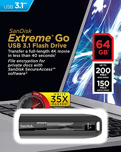 SanDisk Extreme Go 64GB USB 3.1 Flash Drive, 200MB/s Read & 150MB/s Write Speed