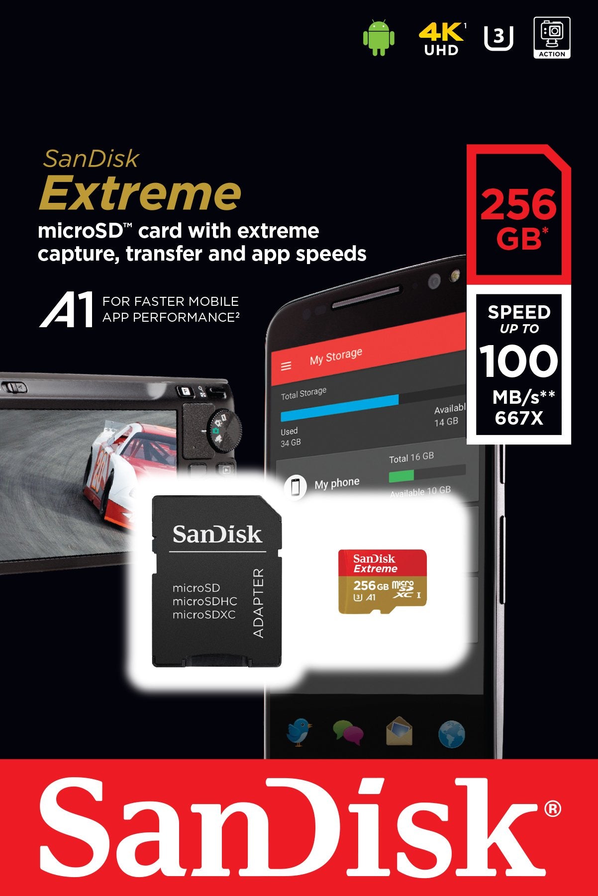SanDisk Extreme 256GB microSDXC UHS-I Card with Adapter - SDSQXAO-256G-GN6MA