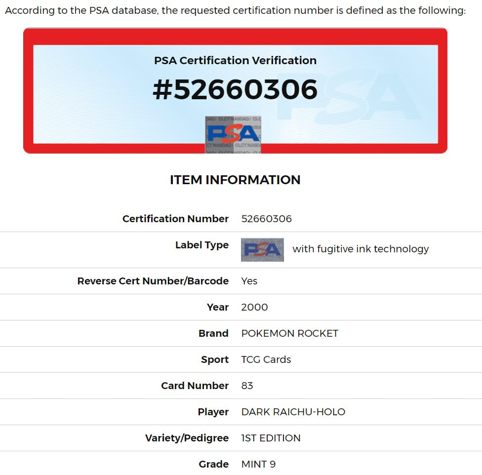 Pokemon 2000 Rocket 1st Edition Dark Raichu Holo Swirl 83/82 PSA 9 MINT (Graded Card)