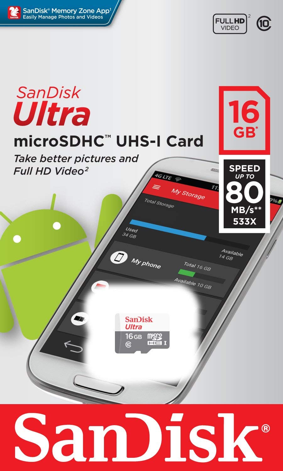 SanDisk Ultra SDSQUNS-016G-GN3MN 16GB 80MB/s UHS-I Class 10 microSDHC Card