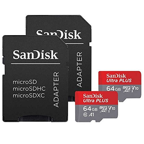 SanDisk Ultra Plus 64GB microSDXC UHS-I Card with SD Adapter, Grey/Red, Full HD up to 100 MB/S For Android Phone, Tables and Camera (2 Pack of 64 GB Micro SD- Card)