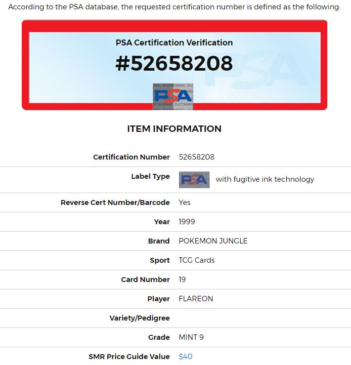 Pokemon 1999 Jungle 1st Edition Flareon 19/64 PSA 9 MINT (Graded Card)