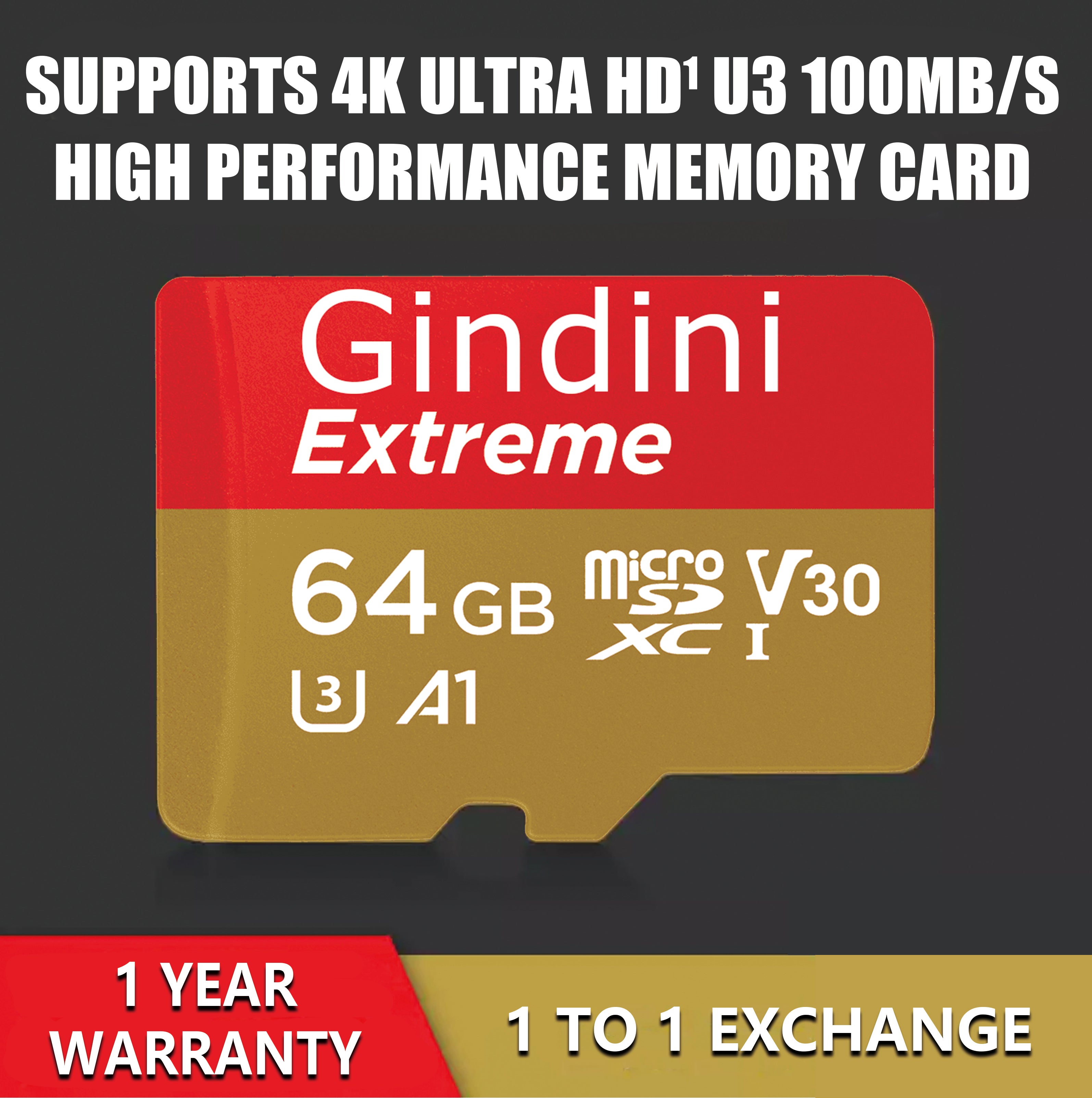 Gindini Extreme 64GB 100MB/s U3 A1 UHS-I 4K Ultra HD MicroSDXC