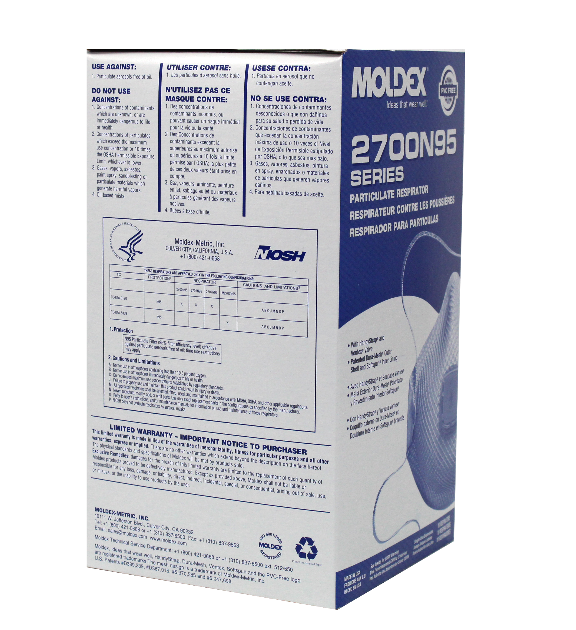 Moldex 2700N95 N95 NIOSH Respirator, Valve Face Mask, Medium, Box of 10