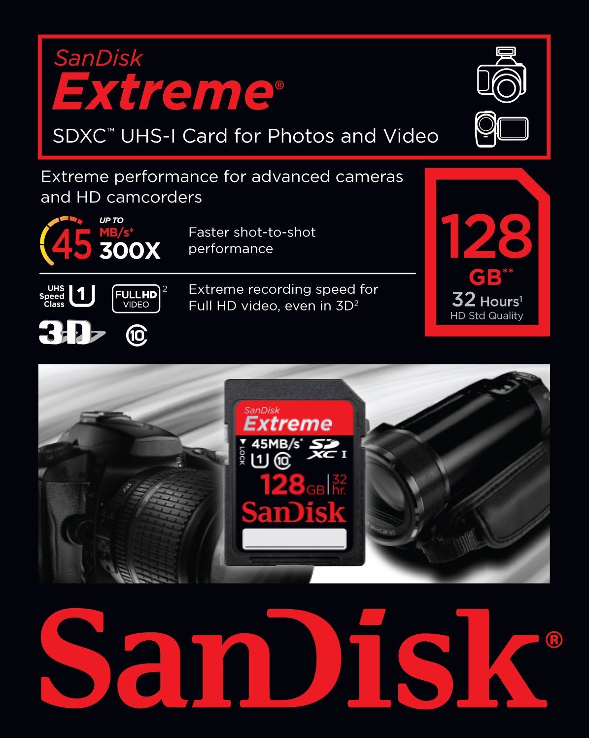 SanDisk Extreme 128GB UHS-1 SDXC Memory Card Up To 45MB/s- SDSDX-128G-X46