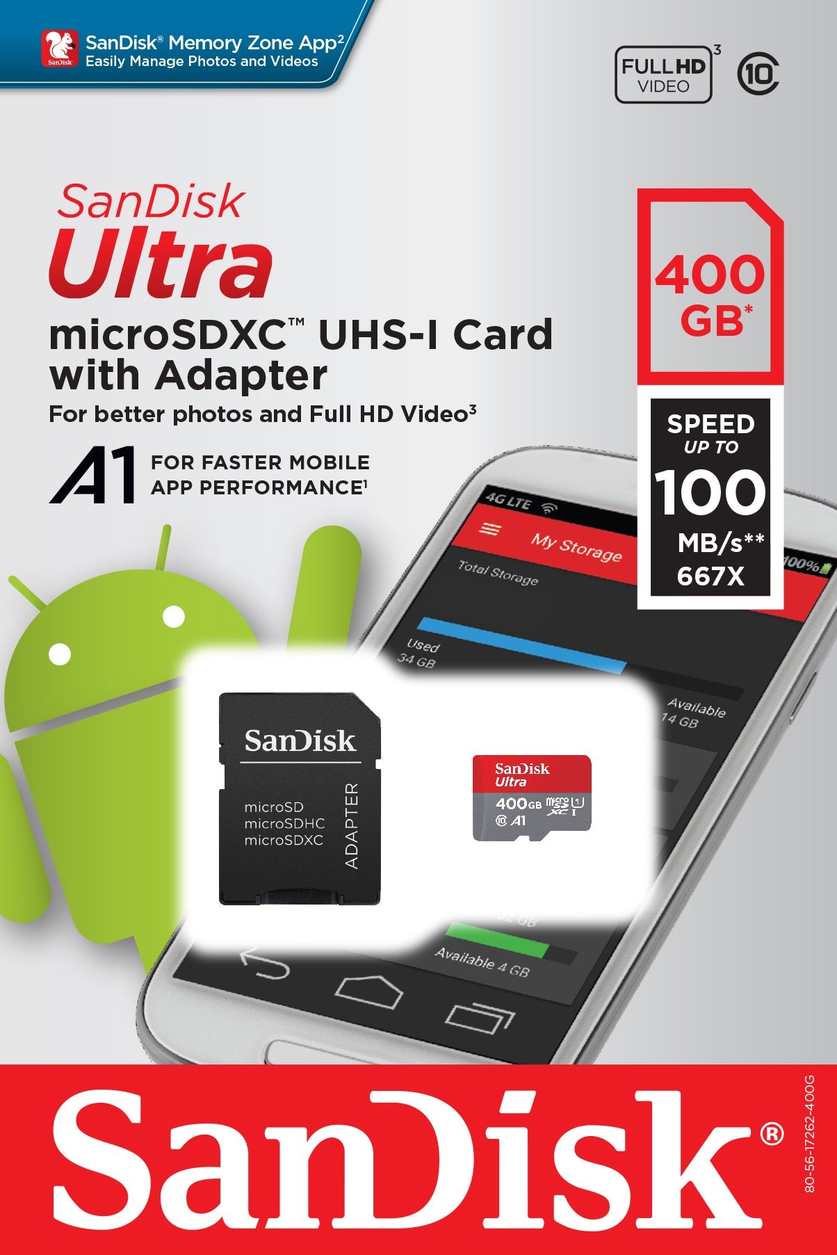 Sandisk Ultra 400GB Micro SDXC UHS-I Card with Adapter - SDSQUAR-400G-GN6MA