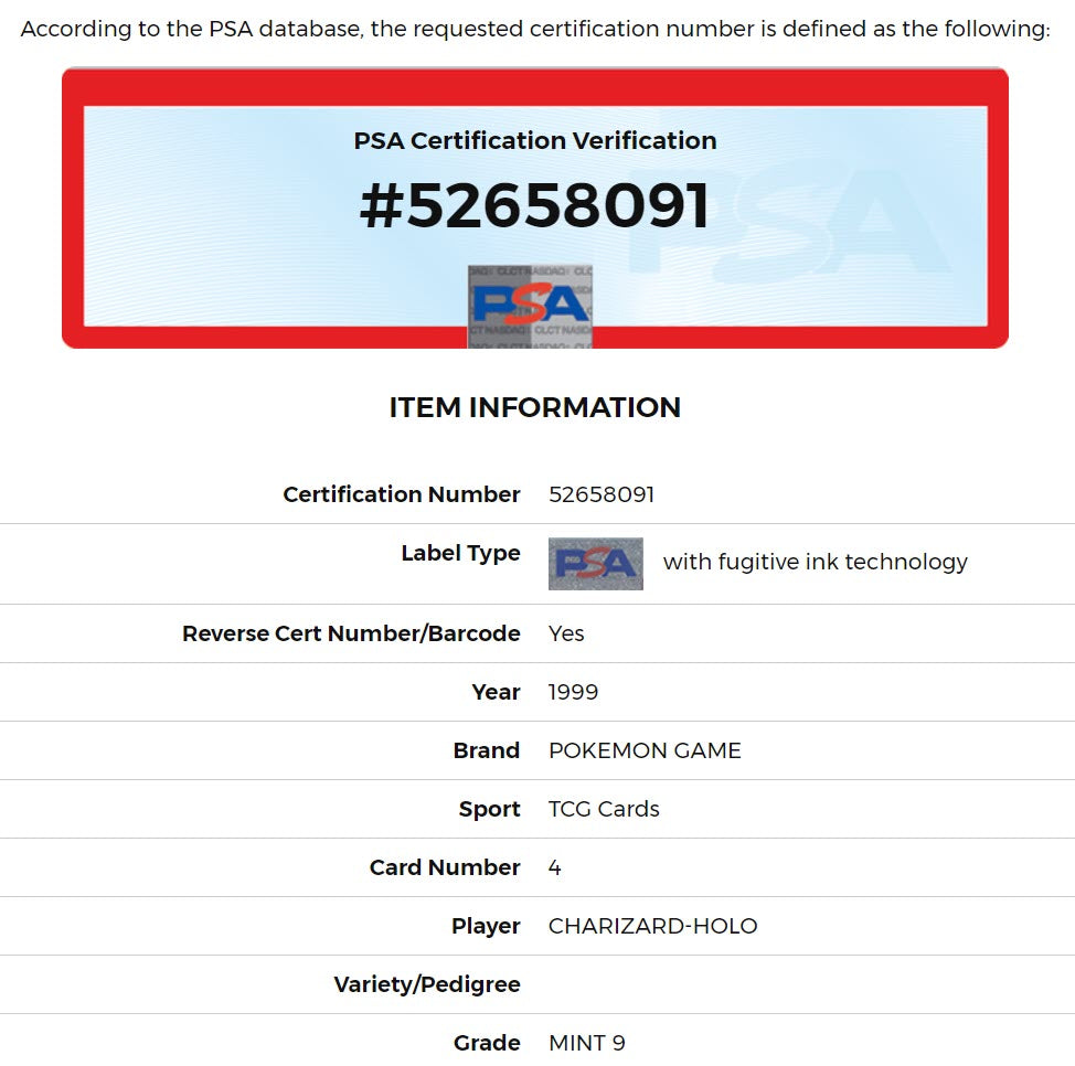 Pokemon 1999 Base Set Charizard Holo #4/102 PSA 9 MINT (Graded Card)