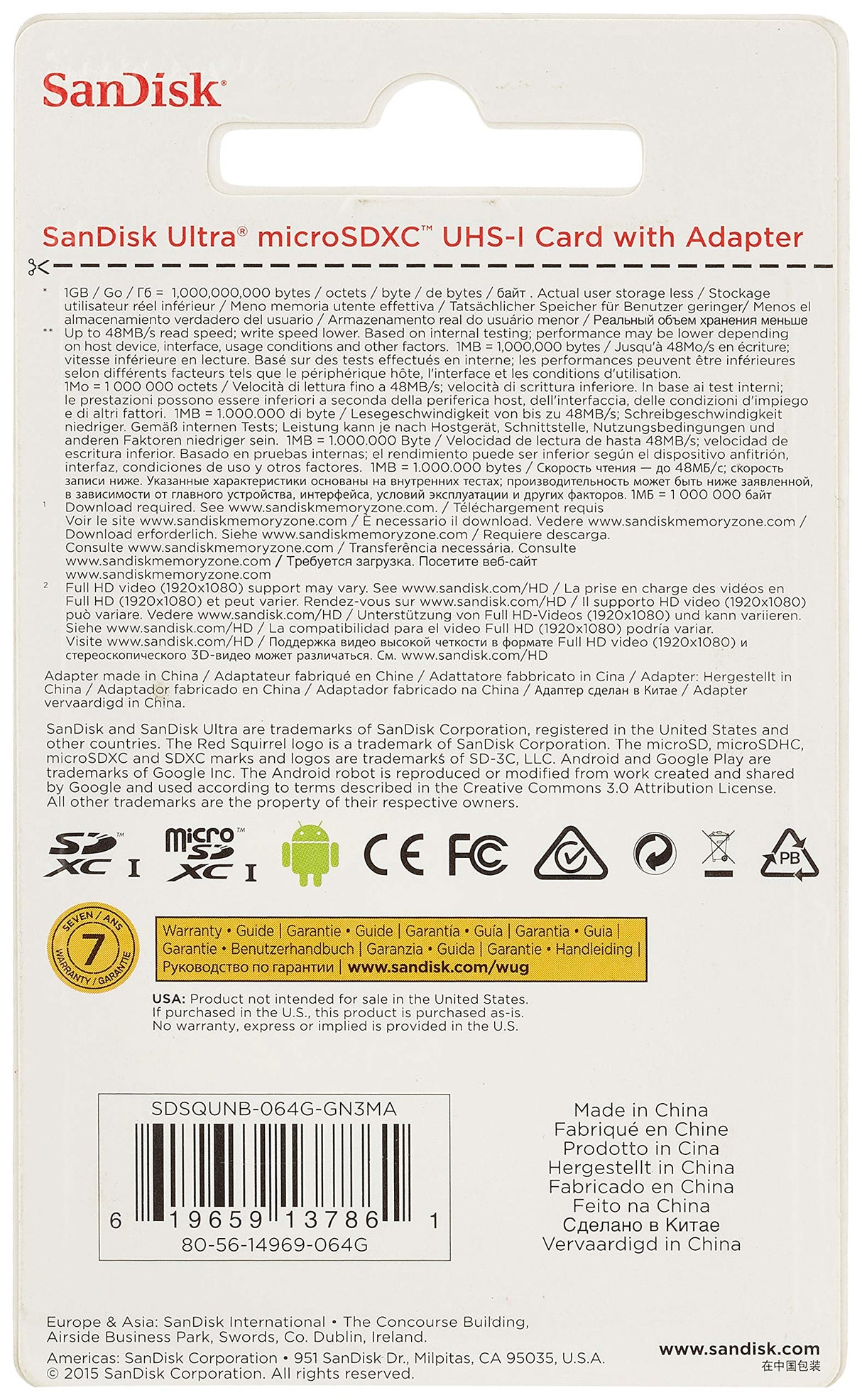 SanDisk Ultra 64GB microSDXC UHS-I Class 10 Memory Card with Adapter