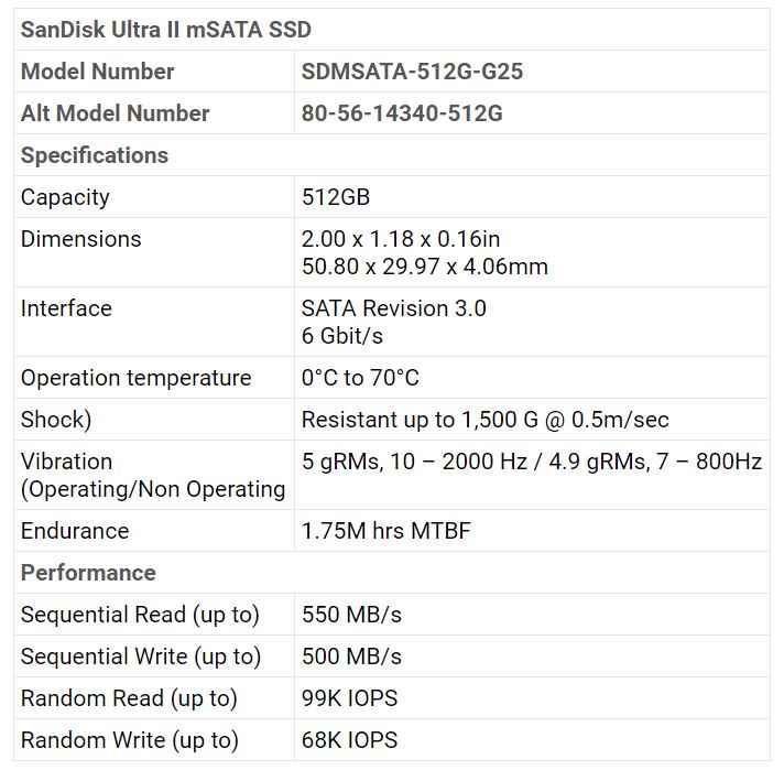 SanDisk Ultra II mSATA 512GB Solid State Drive 2-Inch SDMSATA-512G-G25