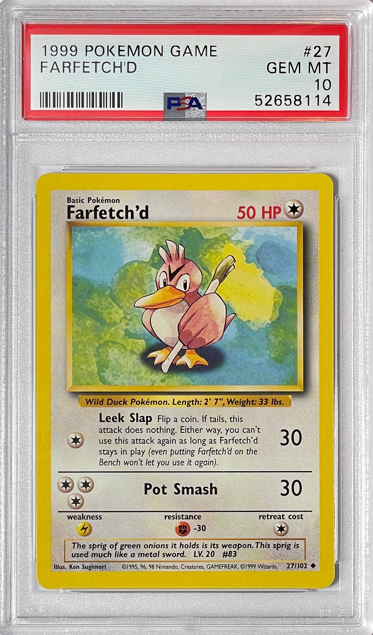 Pokemon 1999 Game Farfetch'd 27/102 PSA 10 GEM MINT (Graded Card)