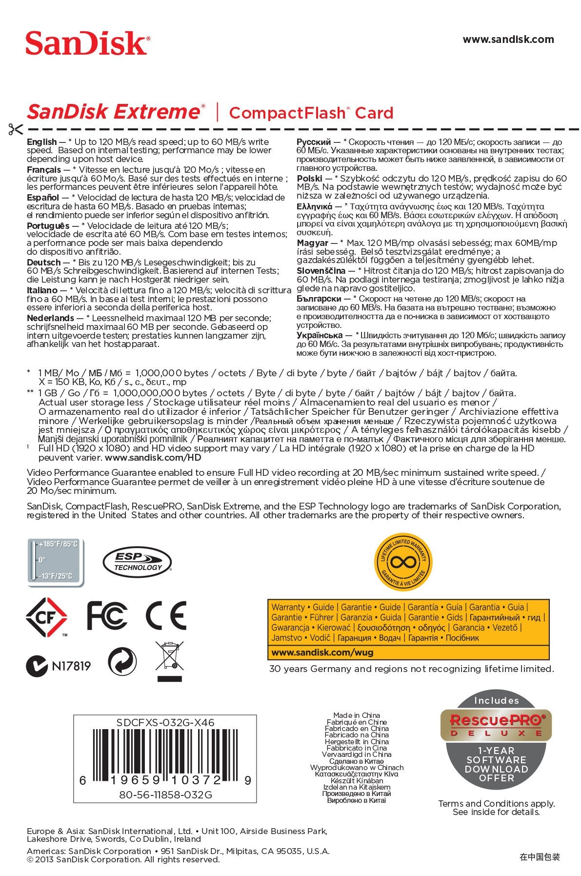 SanDisk Extreme 32GB Compact Flash Memory Card UDMA 7 Speed Up To 120MB/s- SDCFXS-032G-X46