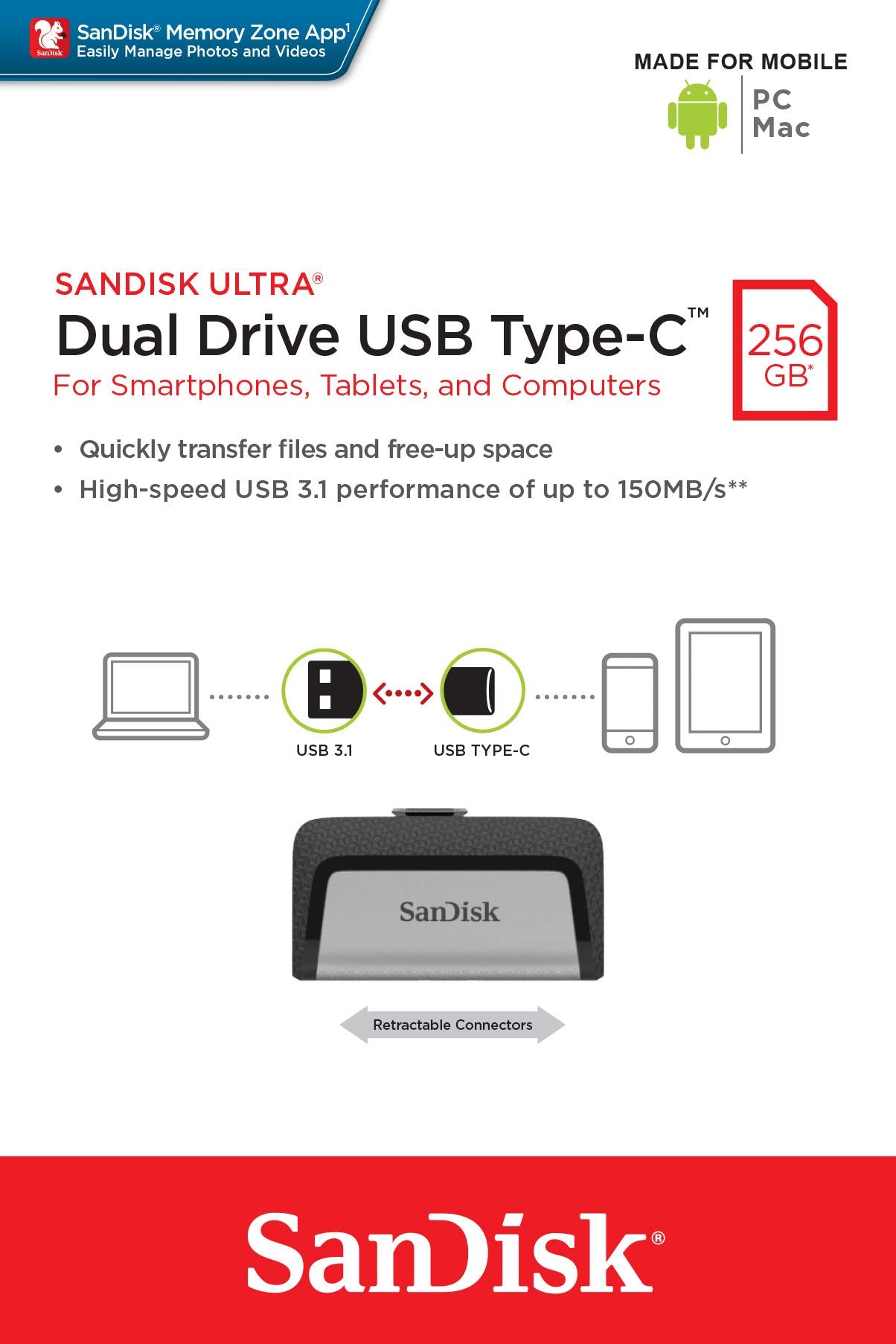 SanDisk 256GB Ultra Dual Drive USB Type-C - USB-C, USB 3.1 - SDDDC2-256G-G46
