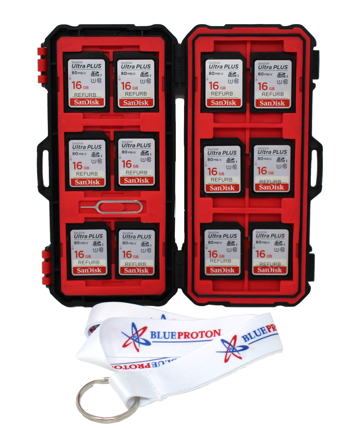 12-Pack SanDisk 16GB Ultra PLUS (SDSDUSC-016G) SDHC Card in Polycarbonate Carrying Case with BlueProton Lanyard (Refurbished)