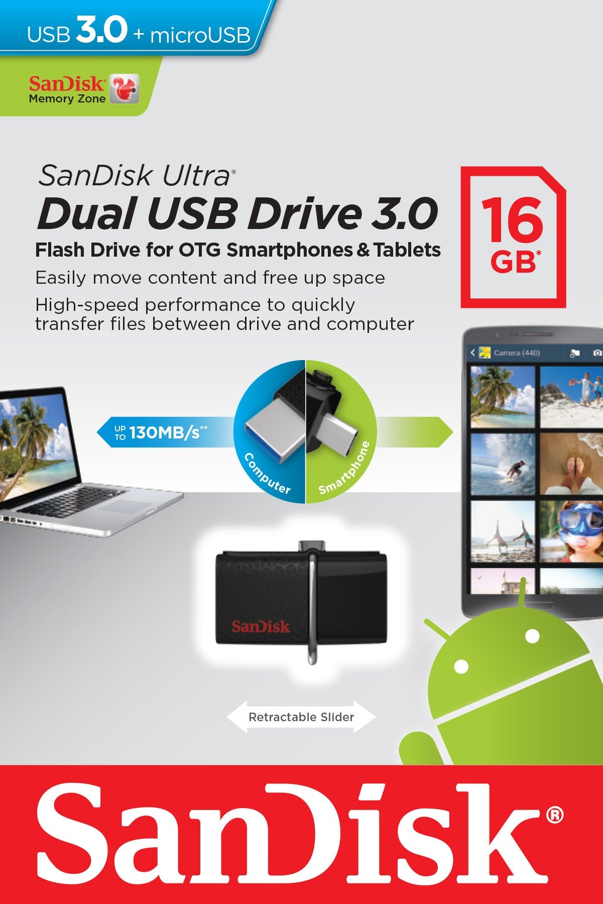 SanDisk Ultra 16GB USB 3.0 OTG Flash Drive With micro USB connector For Android Mobile Devices- SDDD2-016G-G46