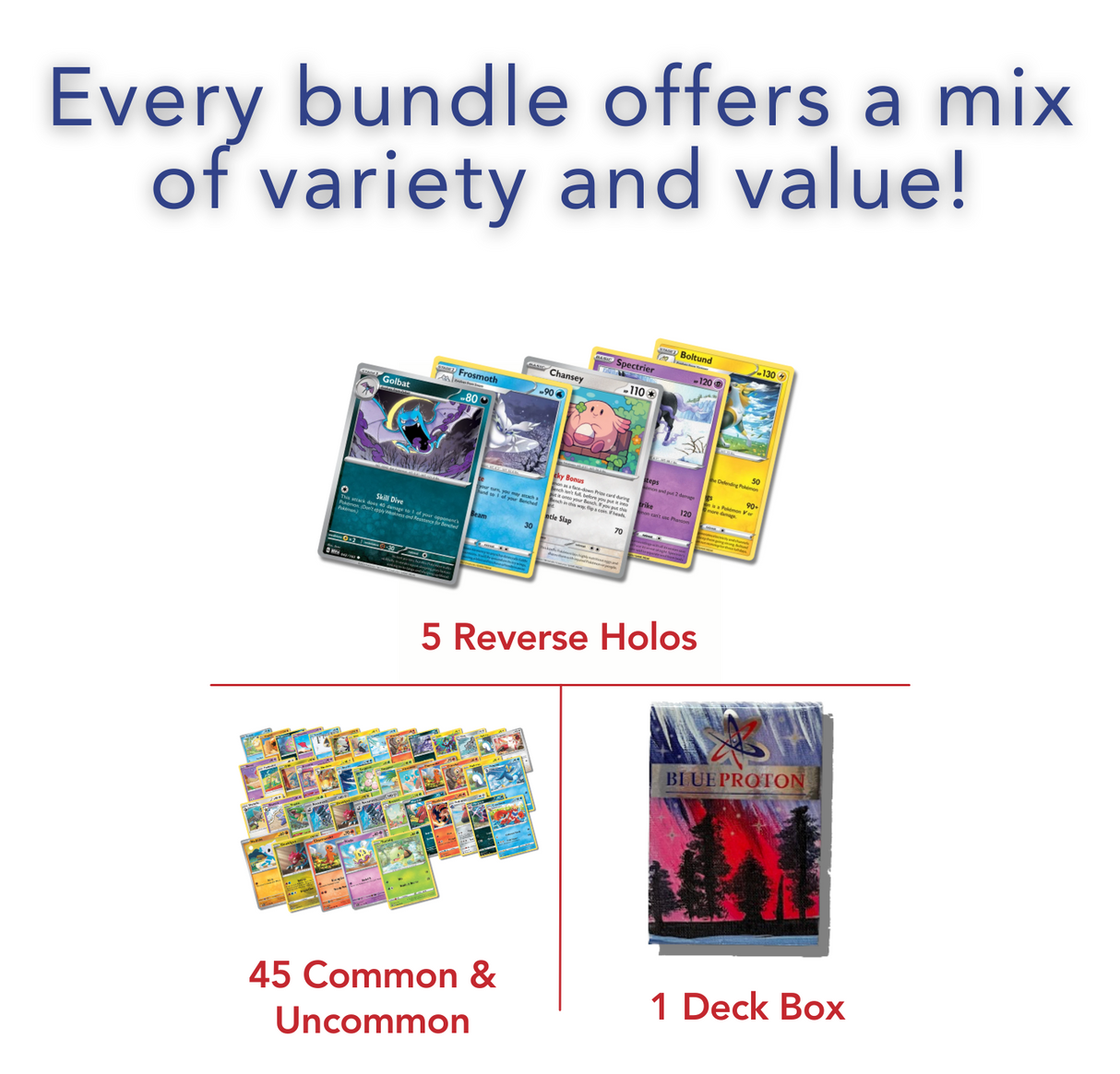 Exclusive Starter Bundle | 50 Genuine Cards | Includes 5 Guaranteed Reverse Holos | BlueProton Deck Box compatible with trading cards