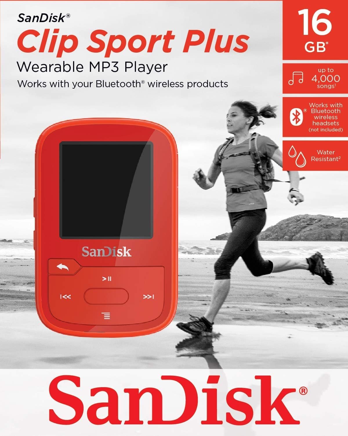 SanDisk 16GB Clip Sport Plus MP3 Player, Red - Bluetooth, LCD Screen, FM Radio - SDMX28-016G-G46R (Certified Refurbished)