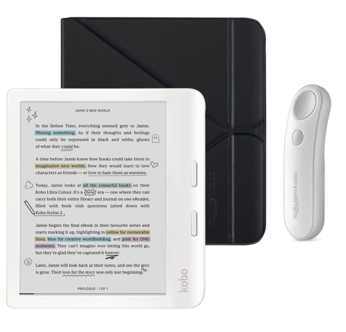 Kobo Libra Colour (White) eReader with SleepCover & White Remote Page Turner Bundle