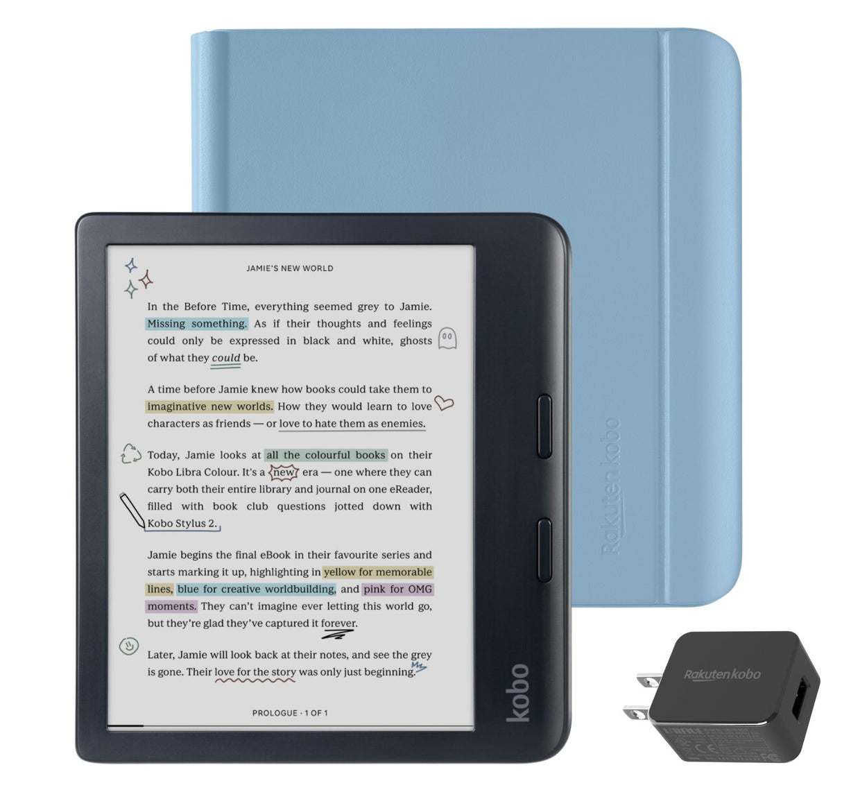 Kobo Libra Colour (Black) eReader with Dusk Blue Notebook SleepCover & AC Bundle