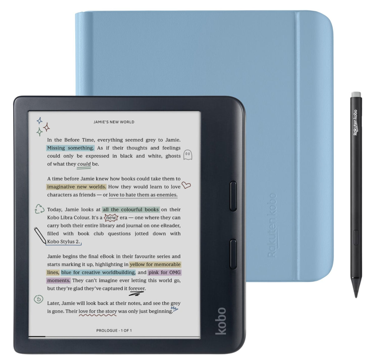 Kobo Libra Colour (Black) eReader with Dusk Blue Notebook SleepCover & Black Stylus 2Gen Bundle