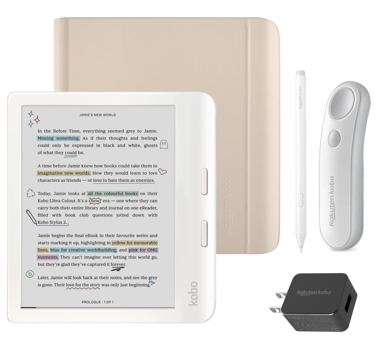 Kobo Libra Colour (White) eReader with Notebook SleepCover & White Remote Page Turner Bundle