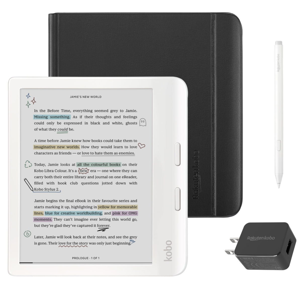 Kobo Libra Colour (White) eReader with Black Notebook SleepCover, White Stylus 2Gen & AC Bundle