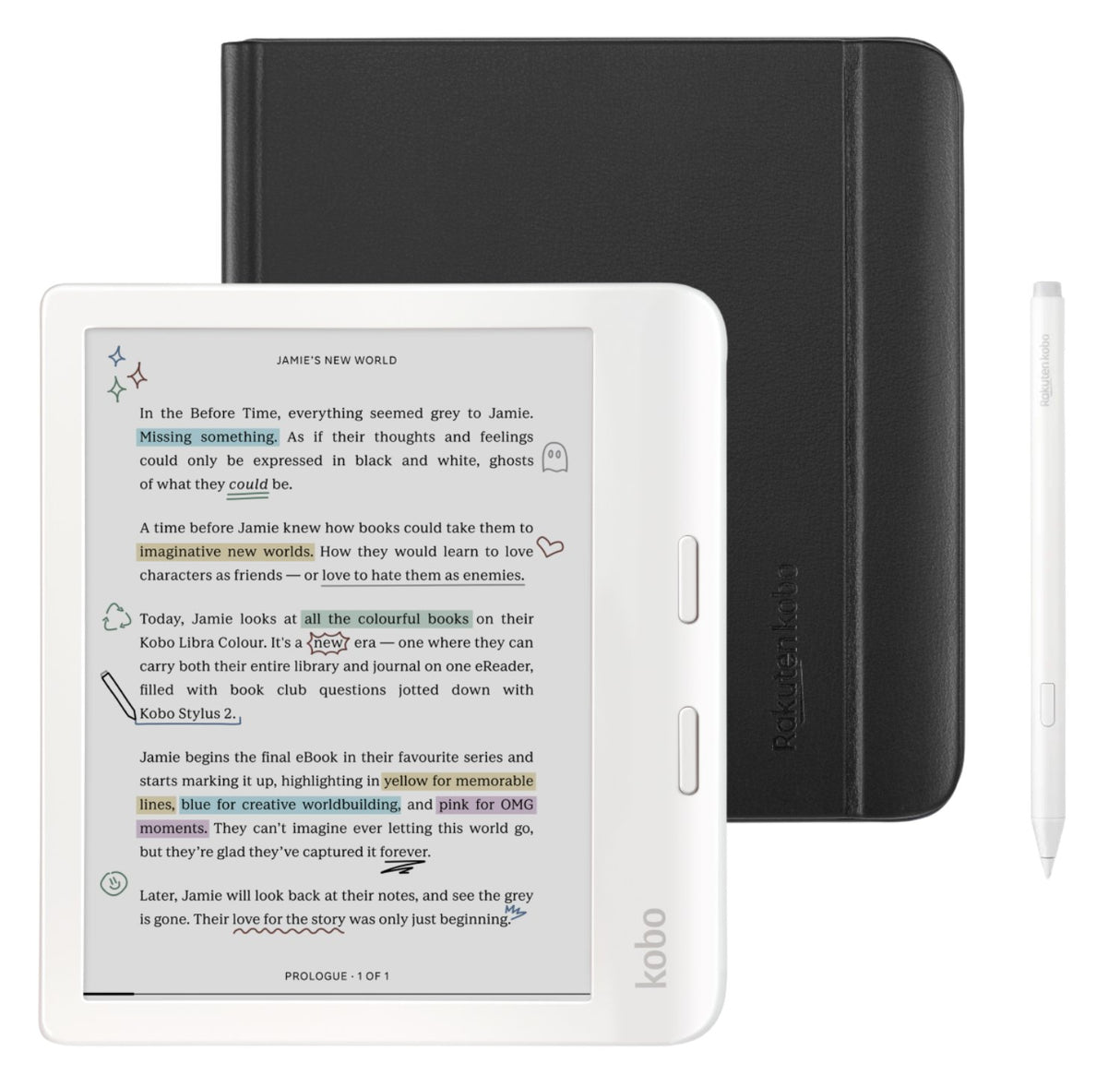 Kobo Libra Colour (White) eReader with Black Notebook SleepCover & White Stylus 2Gen Bundle