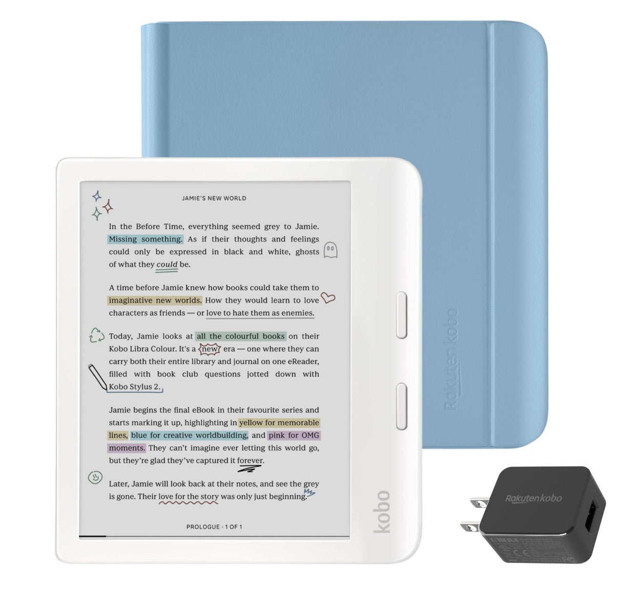 Kobo Libra Colour (White) eReader with Dusk Blue Notebook SleepCover & AC Bundle
